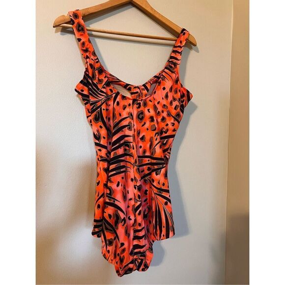 Maxine Sz 16 Gathered Front One Piece Swimsuit Red Orange Animal Print Shapewear - Picture 12 of 14